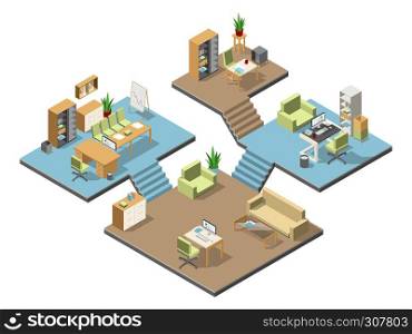 Different isometric modern offices with furniture. Several floors in business center. Vector illustration set. Room reception and presentation room office. Different isometric modern offices with furniture. Several floors in business center. Vector illustration set