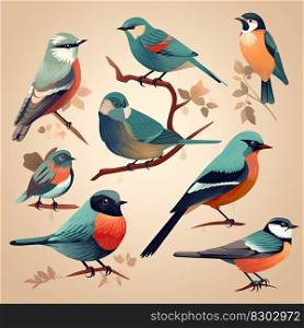 Different kind of colorful birds illustration. Generative AI