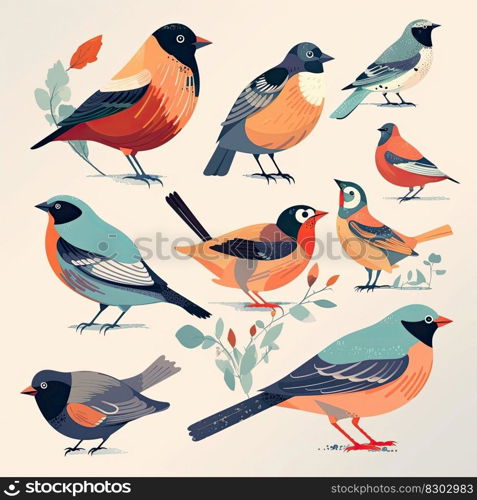 Different kind of colorful birds illustration. Generative AI