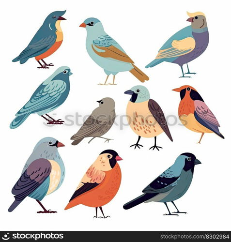 Different kind of colorful birds illustration. Generative AI