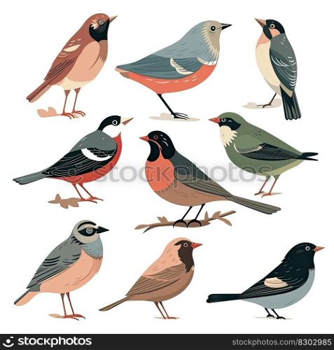 Different kind of colorful birds illustration. Generative AI