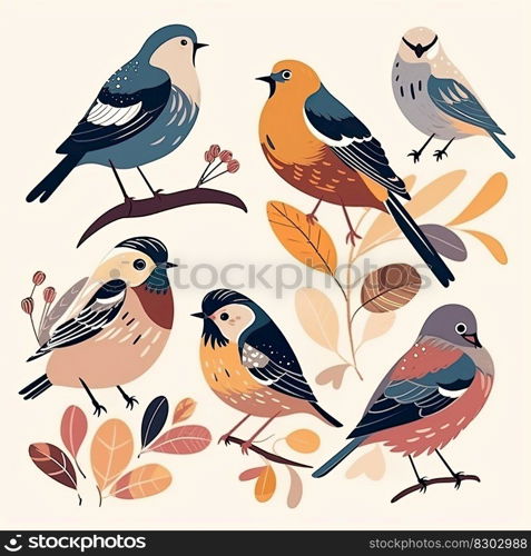 Different kind of colorful birds illustration. Generative AI