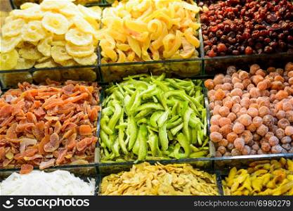 Different kind of dried fruit in a open market