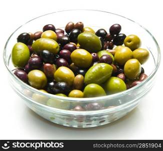 different kind of green and black olives on white background