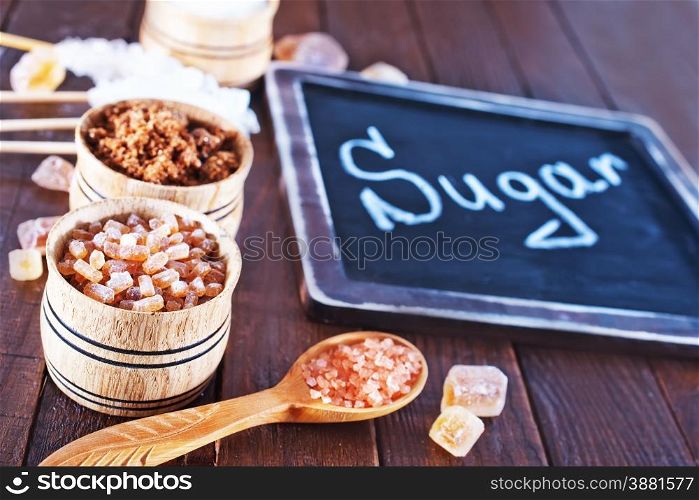 different kind of sugar, sugar on the wooden table