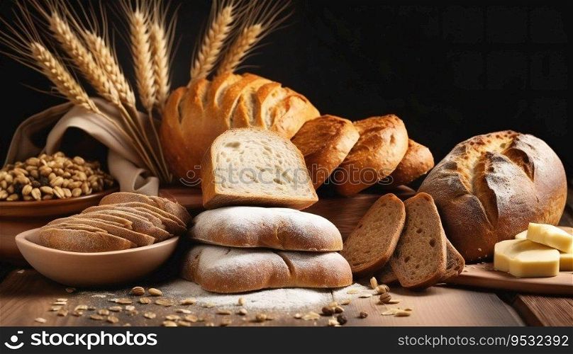 Different kinds of bread with nutrition whole grains on wooden table