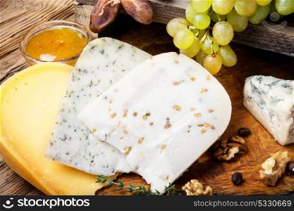 Different kinds of cheeses. Different types of cheese on rustic wooden table