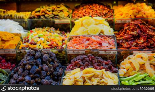 Different kinds of dried fruit in a open market. Different kind of dried fruit in a open market