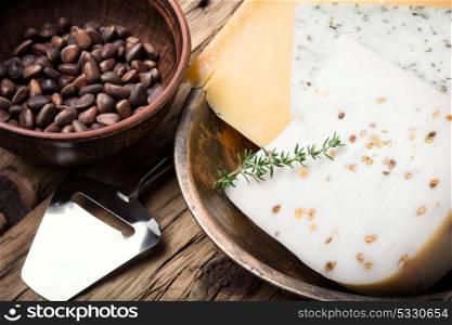 Different kinds of italian cheeses. Different types of cheese on rustic wooden table