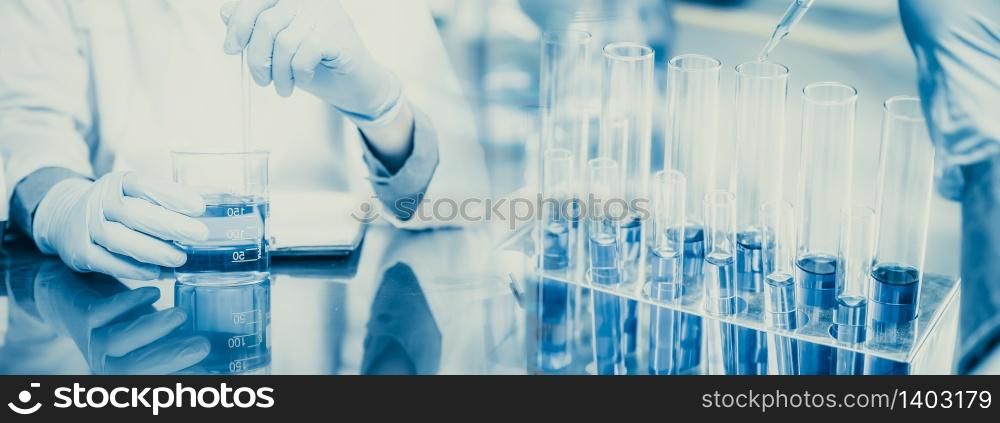 Different laboratory glassware in chemical science laboratory.