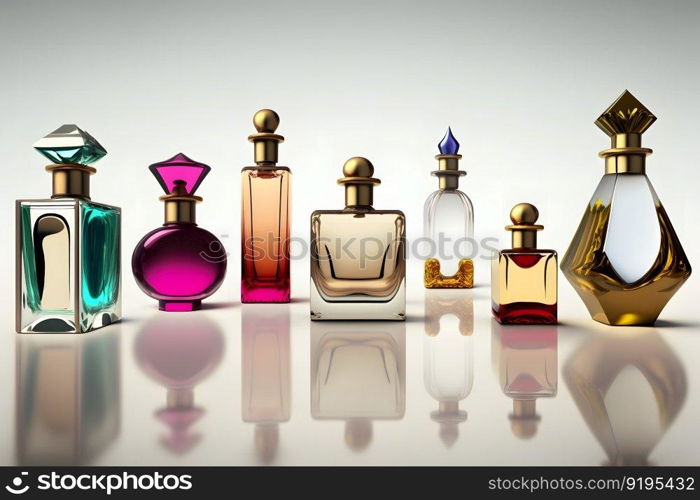 Different luxury perfume bottles on white background. Neural network AI generated art. Different luxury perfume bottles on white background. Neural network generated art