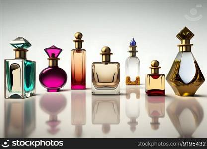 Different luxury perfume bottles on white background. Neural network AI generated art. Different luxury perfume bottles on white background. Neural network generated art