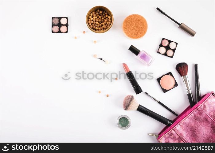 different makeup cosmetics brushes white background