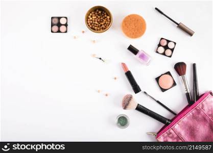 different makeup cosmetics brushes white background