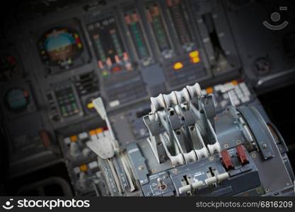 Different meters and displays in the console of an old plane