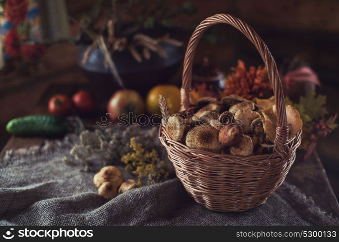 Different mushrooms in basket. Different mushrooms in the basket