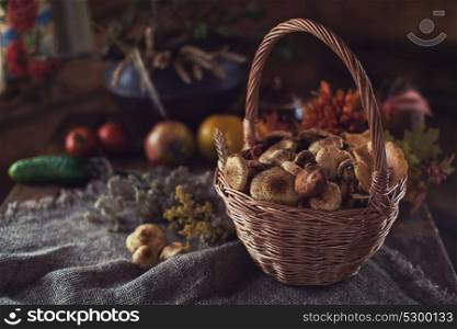 Different mushrooms in basket. Different mushrooms in the basket
