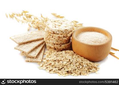 Different oat products isolated on white background