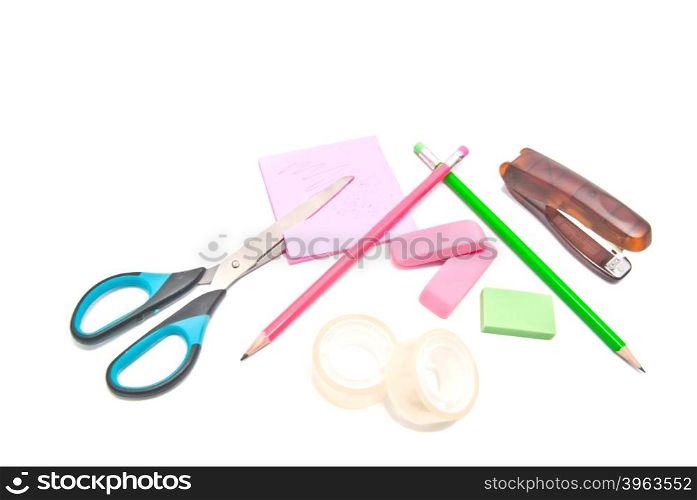 different office supplies close-up on white background