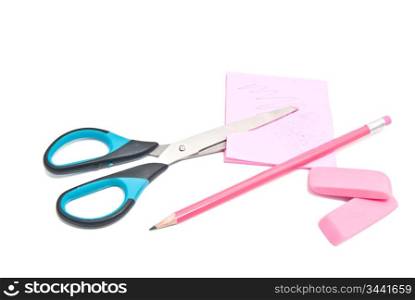 different office supplies on white