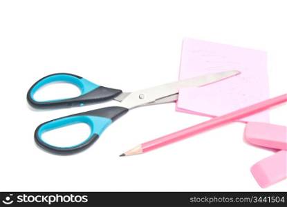 different office supplies on white background