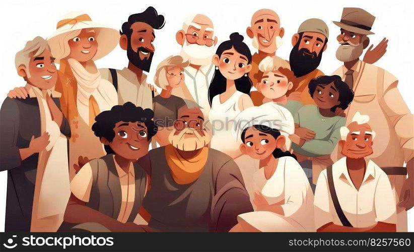 Different people stand side by side together. Generation people diversity. Generative ai illustration. . Different people stand side by side together. Generation people diversity. Generative ai. 
