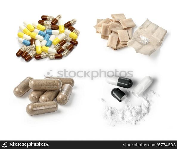 different pills isolated on white isolated on white background