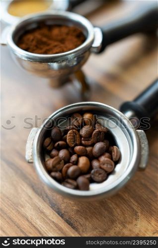 Different processes of preparing coffee by a barista in a coffee shop. Coffee beans, ground, ready. Coffee art concept. Top view, place for an inscription. Different processes of preparing coffee by a barista in a coffee shop. Coffee beans, ground, ready. Coffee art concept. Top view, place for an inscription.