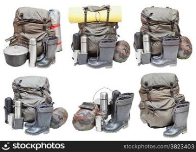 different sets of camping equipment isolated on white background