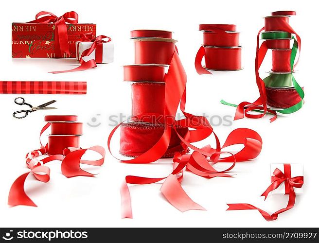Different sizes of red ribbons and gift wrapped boxes on white