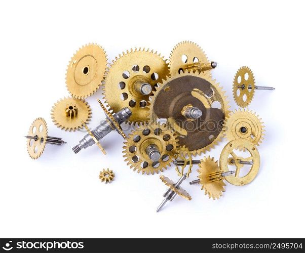 Different small gears heap on white background