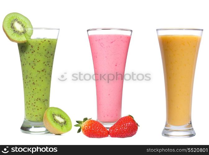 different smoothie with fruits and berries on white background