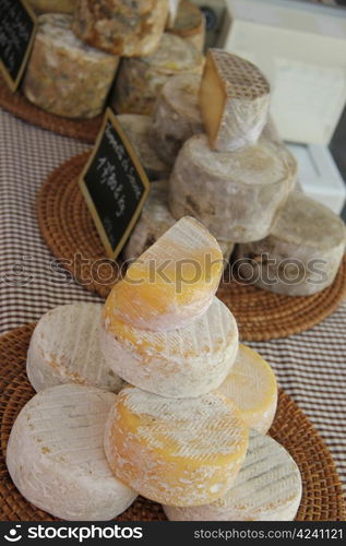 Different sorts of cheese at a local French market in the Provence