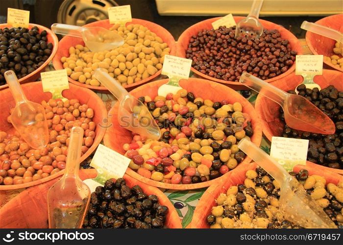 Different sorts of olives on a local French market