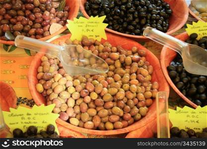 Different sorts of olives on a market in the Provence, France