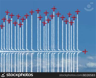 Different strategy business concept as an individual jet airplane flying under the competition as a metaphor for new confident strategic thinking finding a new way to success with 3D illustration elements.