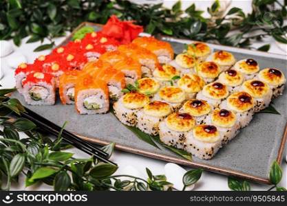 different sushi rolls on a big plate