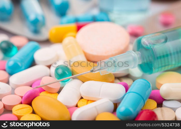 different tablets pills capsule heap mix therapy drugs