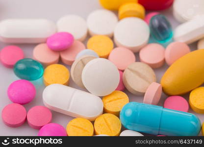 different Tablets pills capsule heap mix therapy drugs