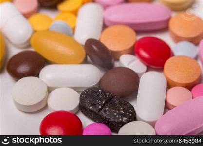 different Tablets pills capsule heap mix therapy drugs