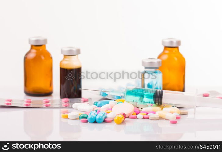 different Tablets pills capsule heap mix therapy drugs