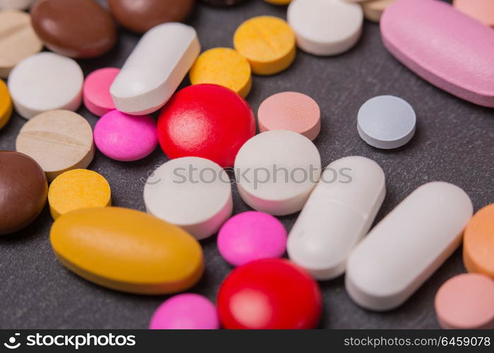 different Tablets pills capsule heap mix therapy drugs