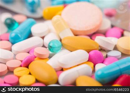 different Tablets pills capsule heap mix therapy drugs. pills