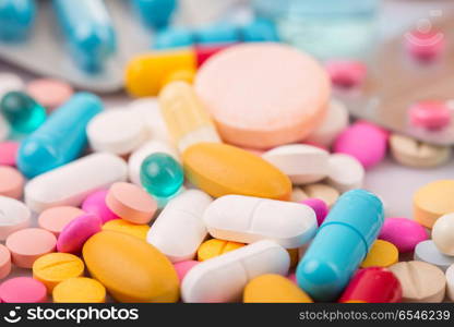 different Tablets pills capsule heap mix therapy drugs. pills