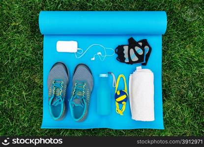 Different tools and accessories for sport. Fitness concept