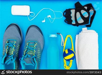Different tools and accessories for sport. Fitness concept