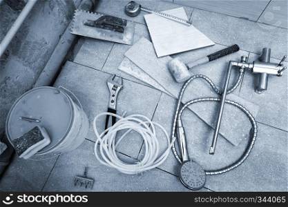 different tools for renovation in the bathroom