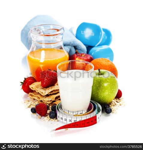 Different tools for sport and diet food on white background - sport, health and diet concept
