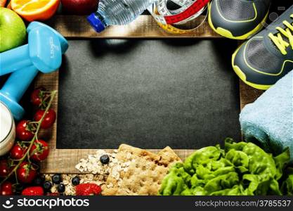 Different tools for sport and diet food - sport, health and diet concept