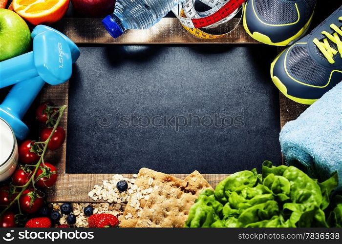 Different tools for sport and diet food - sport, health and diet concept